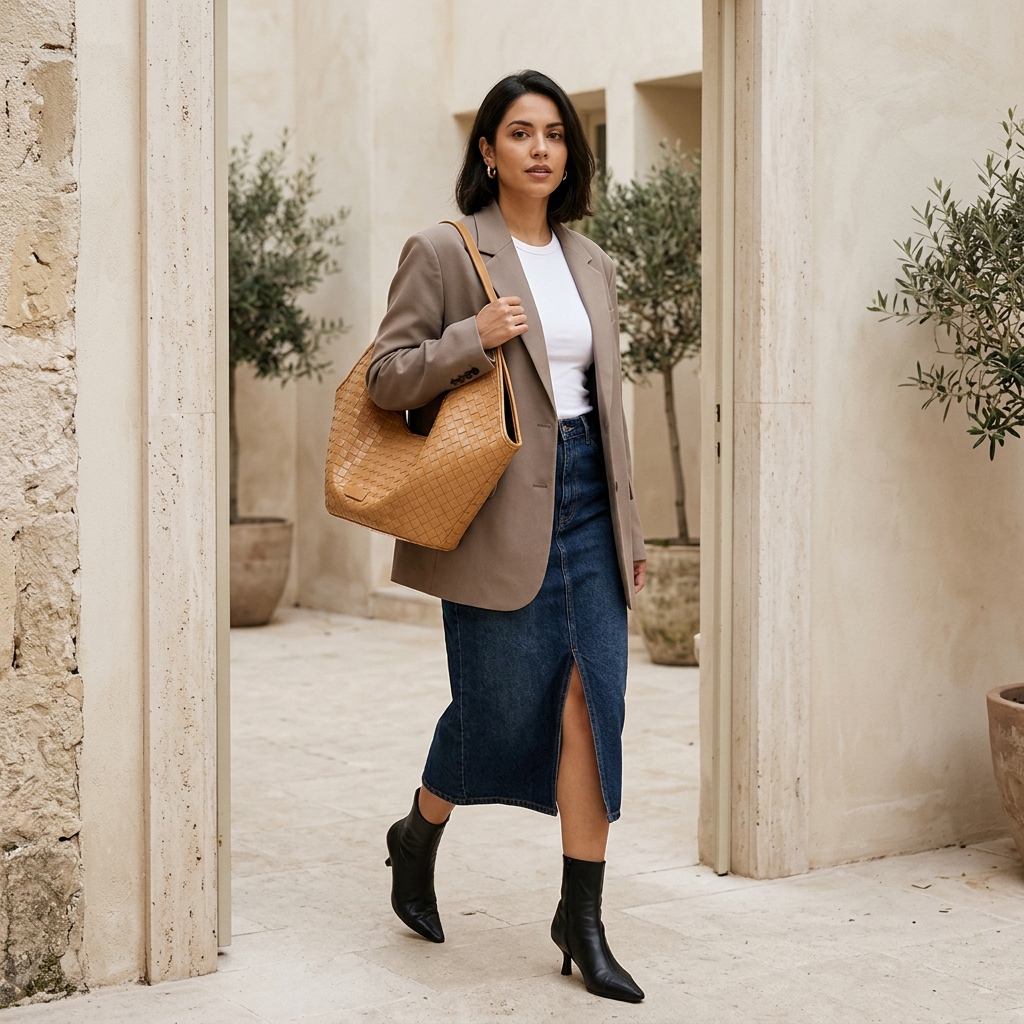 Alba camel avec un blazer oversize et une jupe en denim