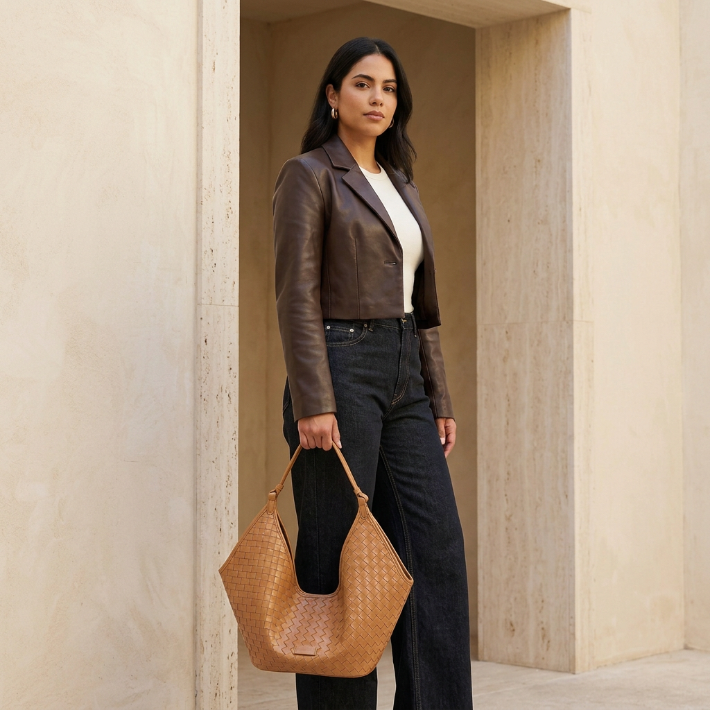 Alba camel porté main par une femme latina en tenue tendance