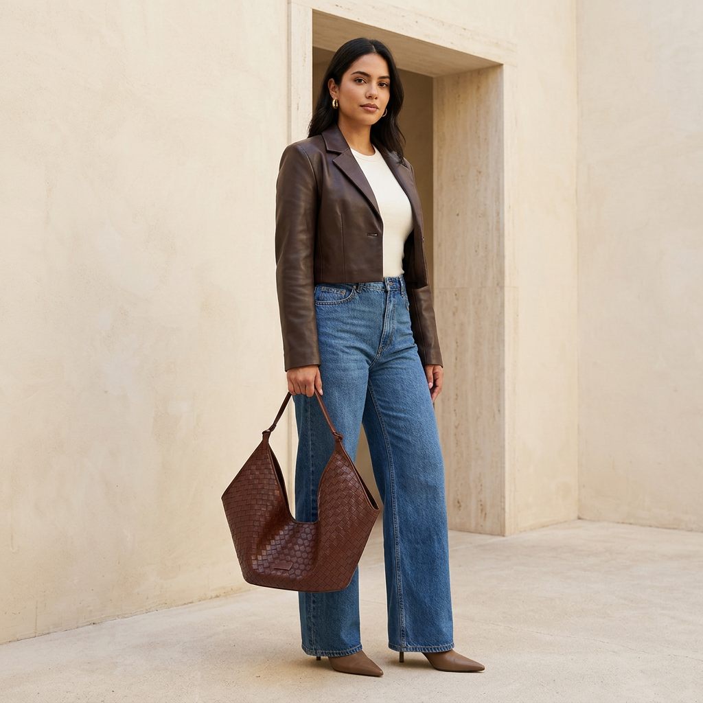 Alba chocolat avec une veste en cuir et un jean large