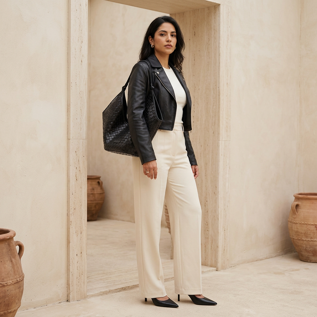 Alba noir avec une veste courte et un pantalon large crème