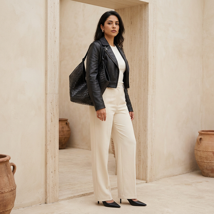 Alba noir avec une veste courte et un pantalon large crème