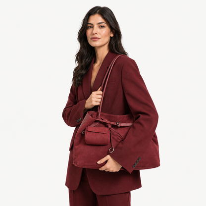 Femme latina avec sac cabas bordeaux, format carré et fond uniforme