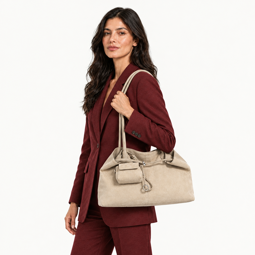 Femme latina portant le sac beige dans une nouvelle pose, format carré