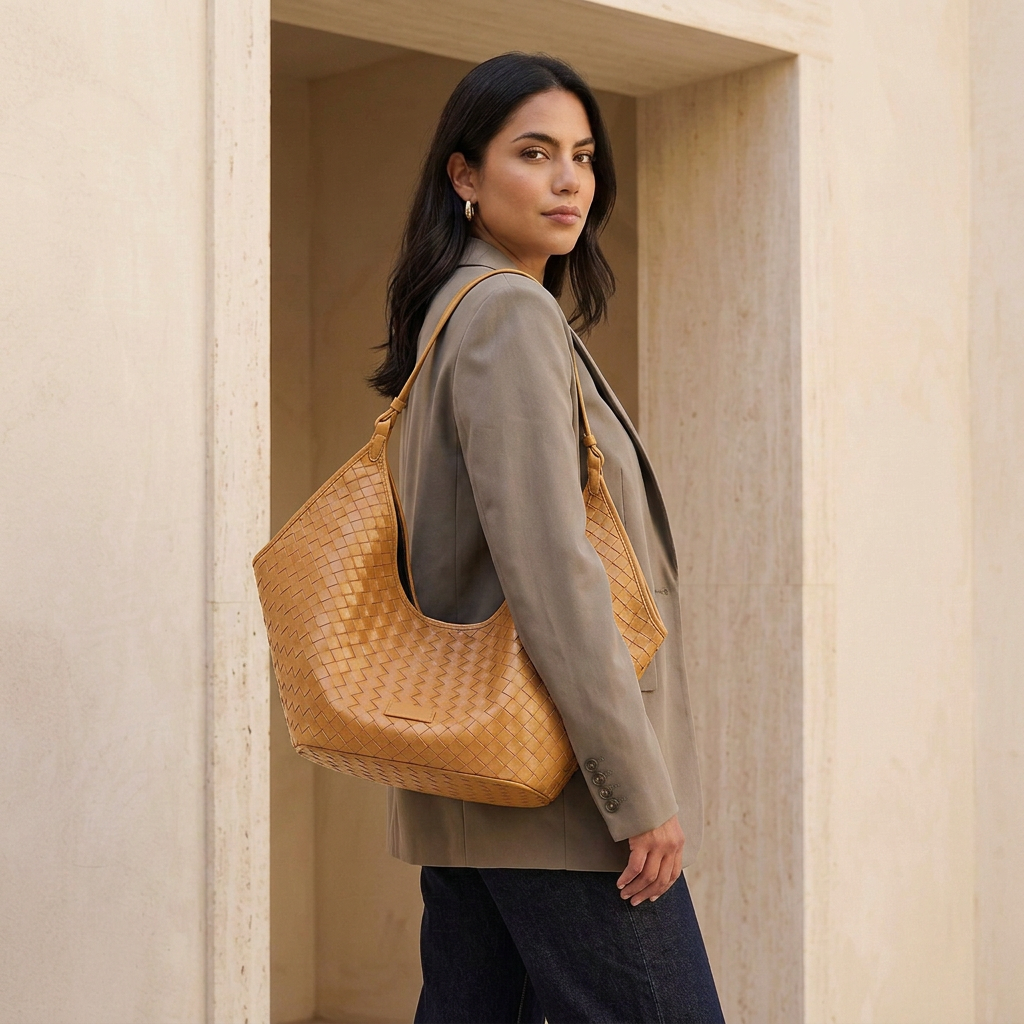 Sac Alba camel porté à l’épaule, vue de profil