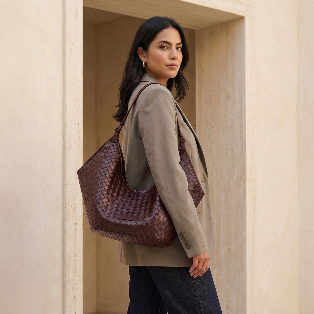 Sac Alba marron porté à l’épaule, vue de profil