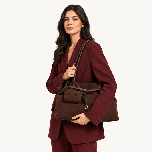 Sac café porté par une femme latina