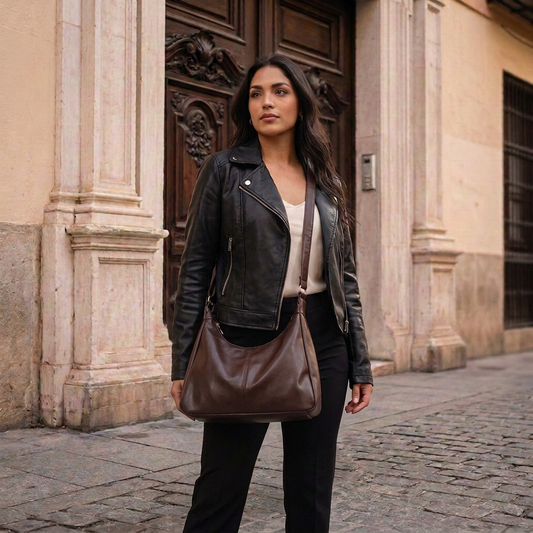 Sac Romy chocolat porté en crossbody à la hanche